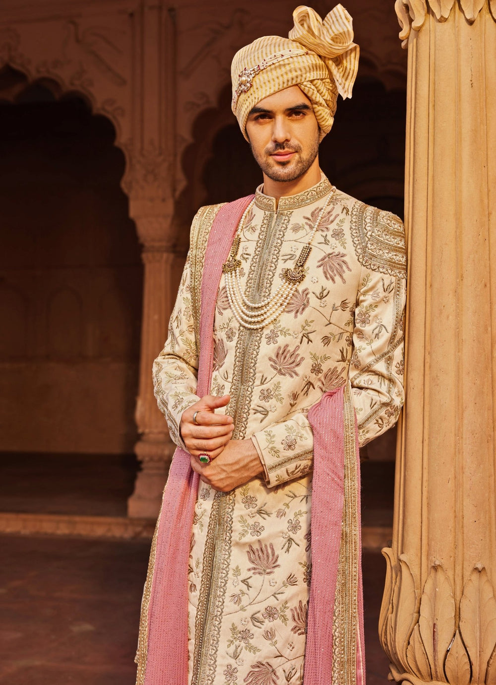 Beige Embroidered Sherwani Set Contrast By Parth - Fabilicious Fashion
