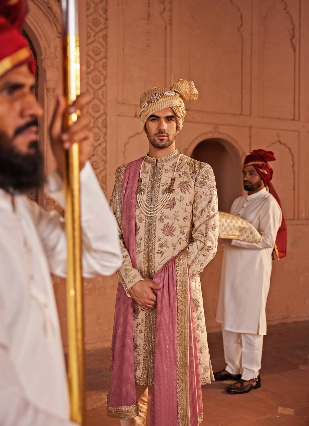 Beige Embroidered Sherwani Set Contrast By Parth - Fabilicious Fashion