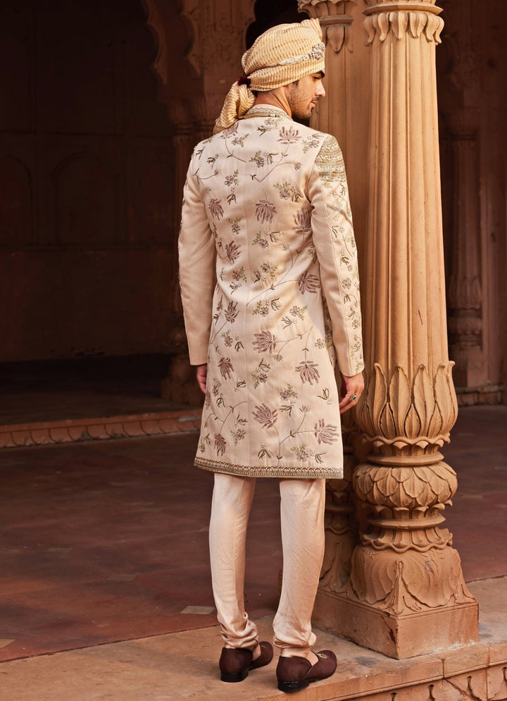 Beige Embroidered Sherwani Set Contrast By Parth - Fabilicious Fashion