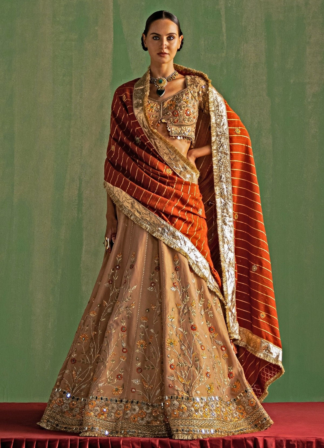 Beige Embroidered Silk Lehenga Set Studio Bagechaa - Fabilicious Fashion