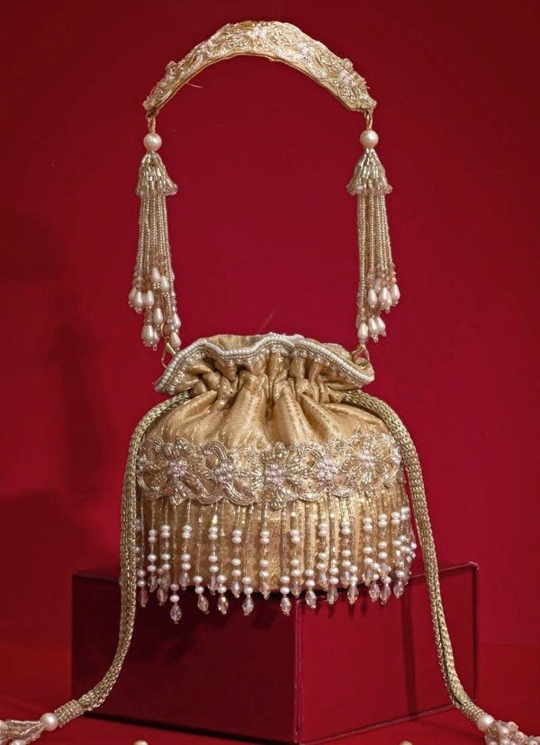 Beige Embroidered Silk Organza Potli