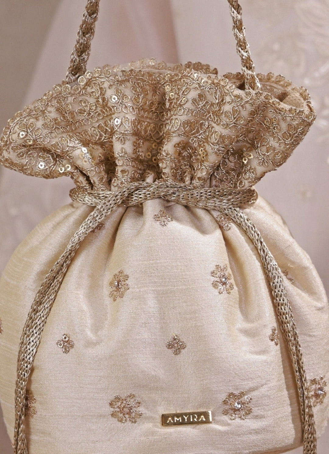 Amyra Beige Embroidered Silk PotliFabilicious Fashion
