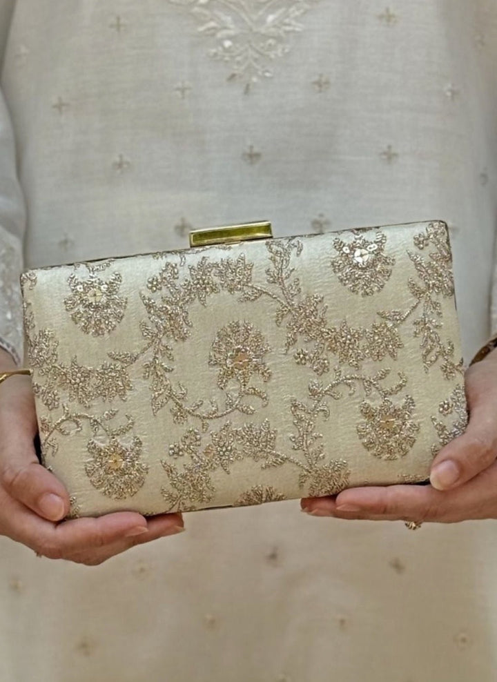 Amyra Beige Embroidered Silk Sleek ClutchFabilicious Fashion