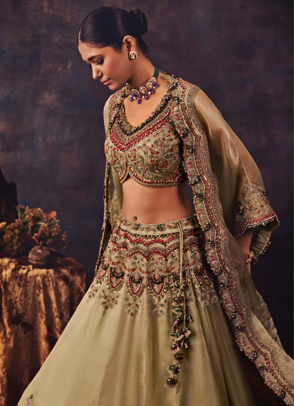 Prisho Beige Embroidered Tissue Lehenga Set With CapeFabilicious Fashion