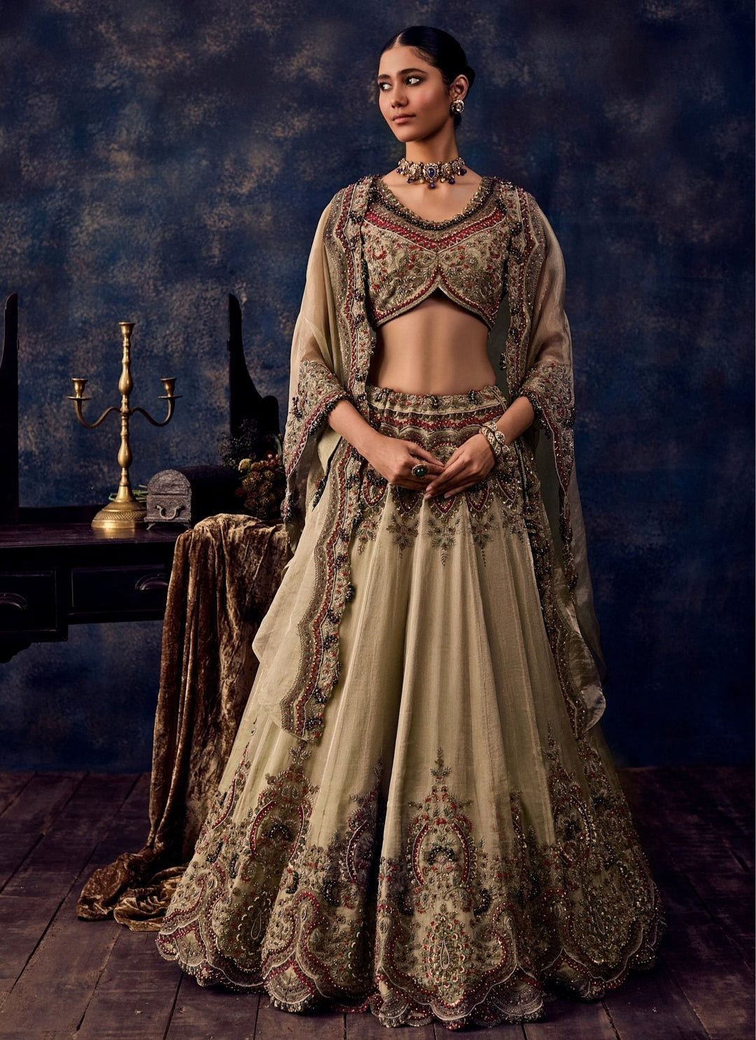 Prisho Beige Embroidered Tissue Lehenga Set With CapeFabilicious Fashion