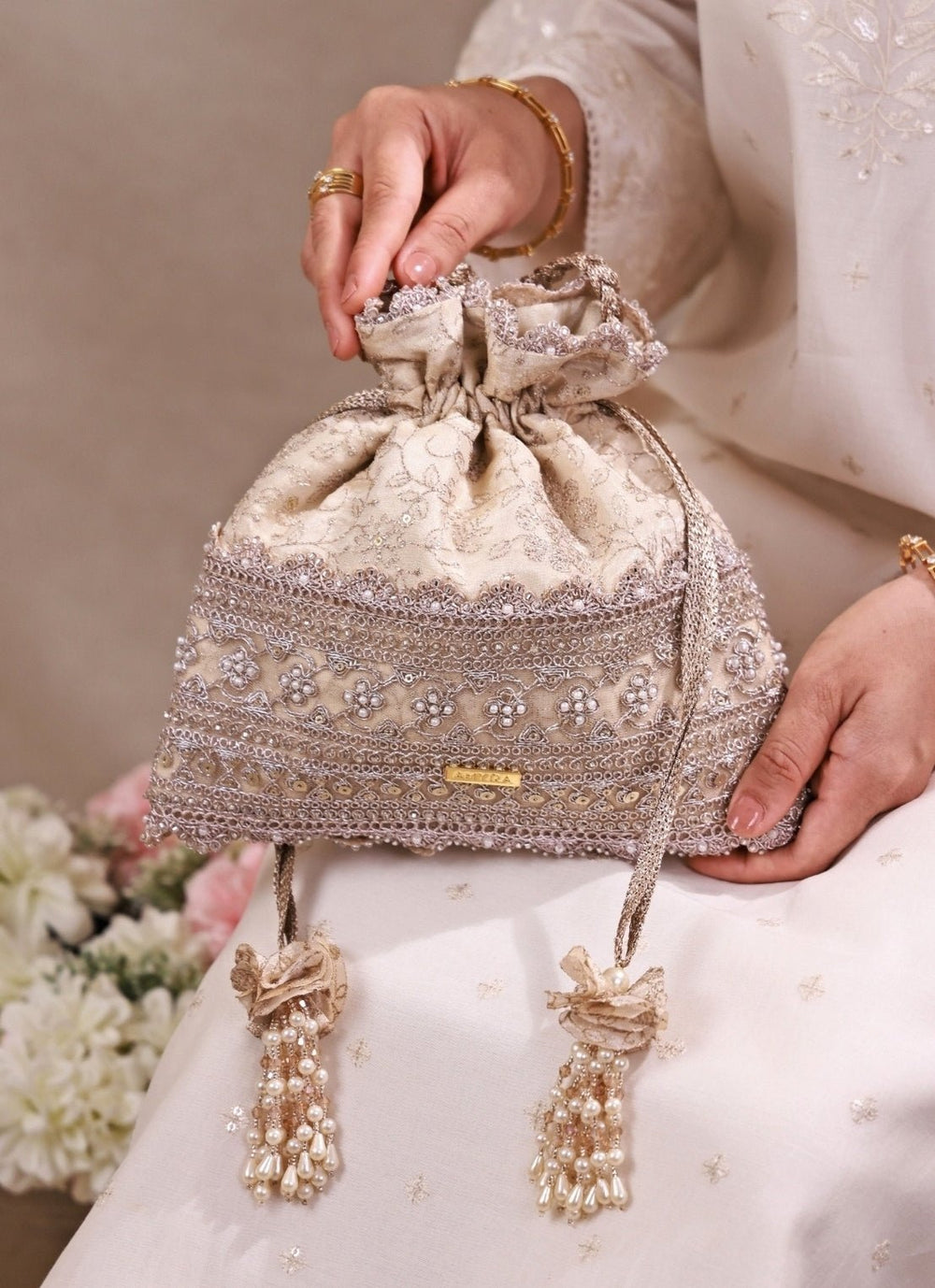 Amyra Beige Embroidered Tissue PotliFabilicious Fashion
