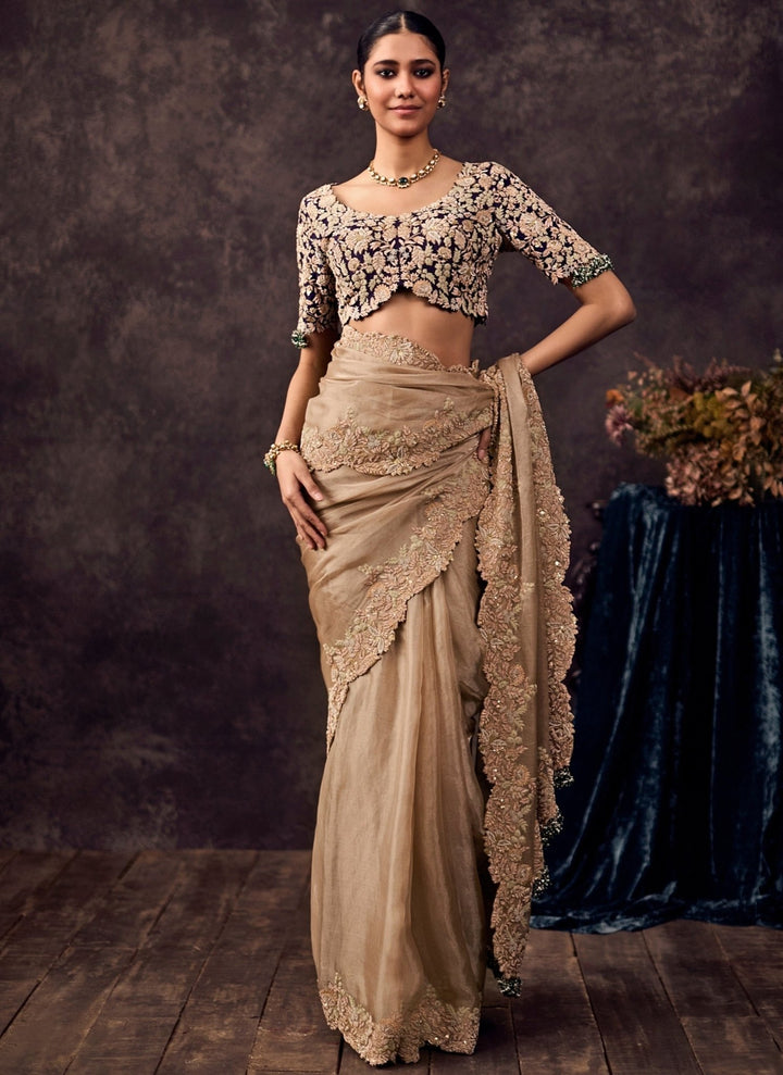 Prisho Beige Embroidered Tissue SareeFabilicious Fashion