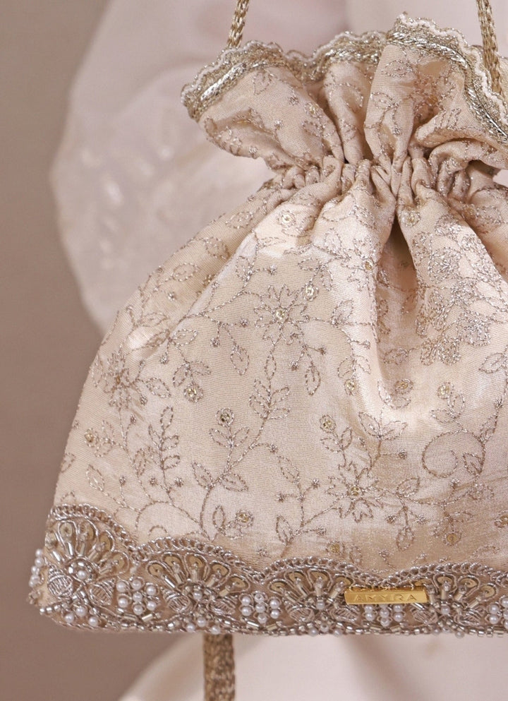 Amyra Beige Embroidered Tissue Silk PotliFabilicious Fashion