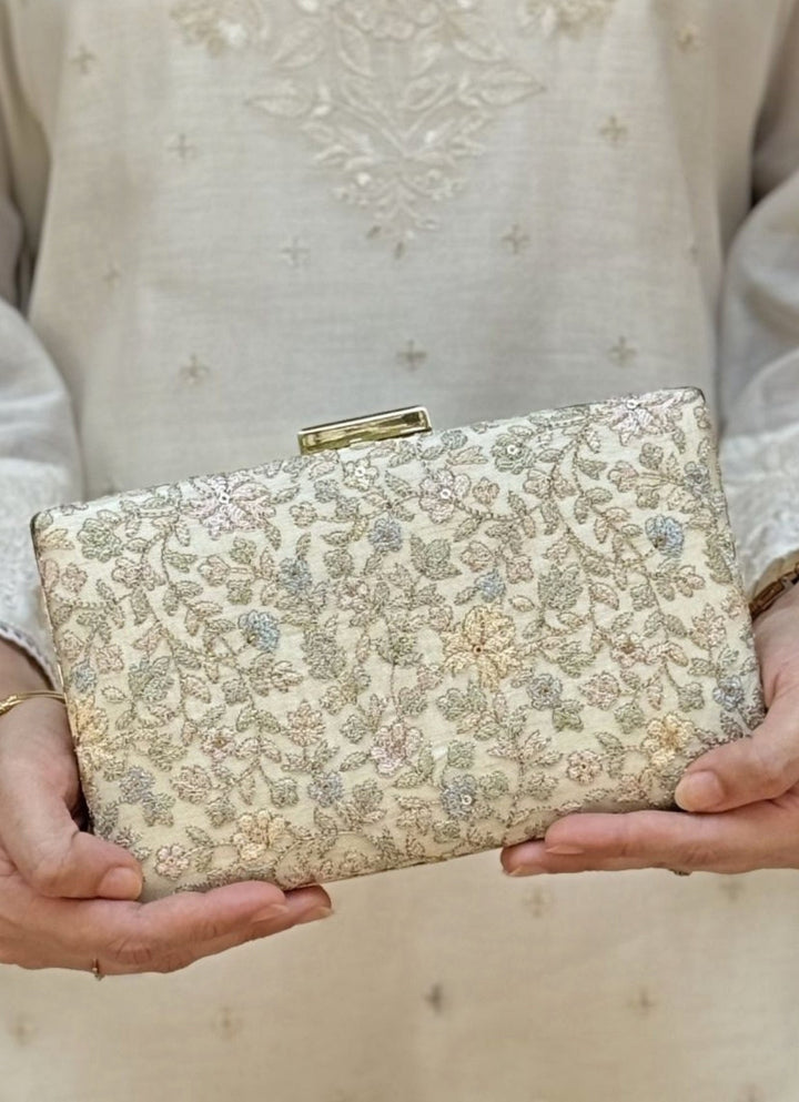 Amyra Beige Embroidered Tissue Sleek ClutchFabilicious Fashion