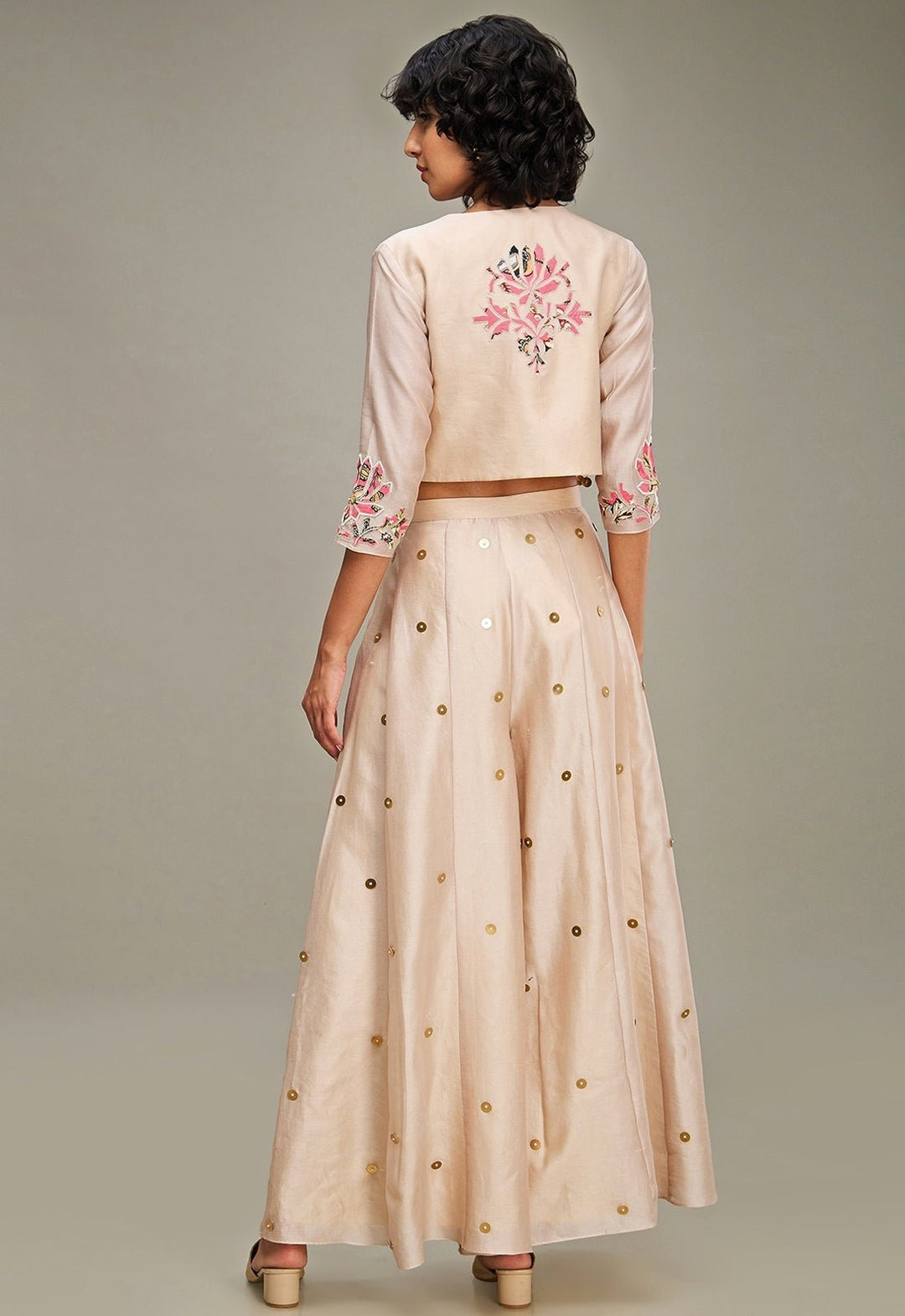 Beige Floral Applique And Embroidered Chanderi Palazzo Set With Jacket Soup By Sougat Paul - Fabilicious Fashion