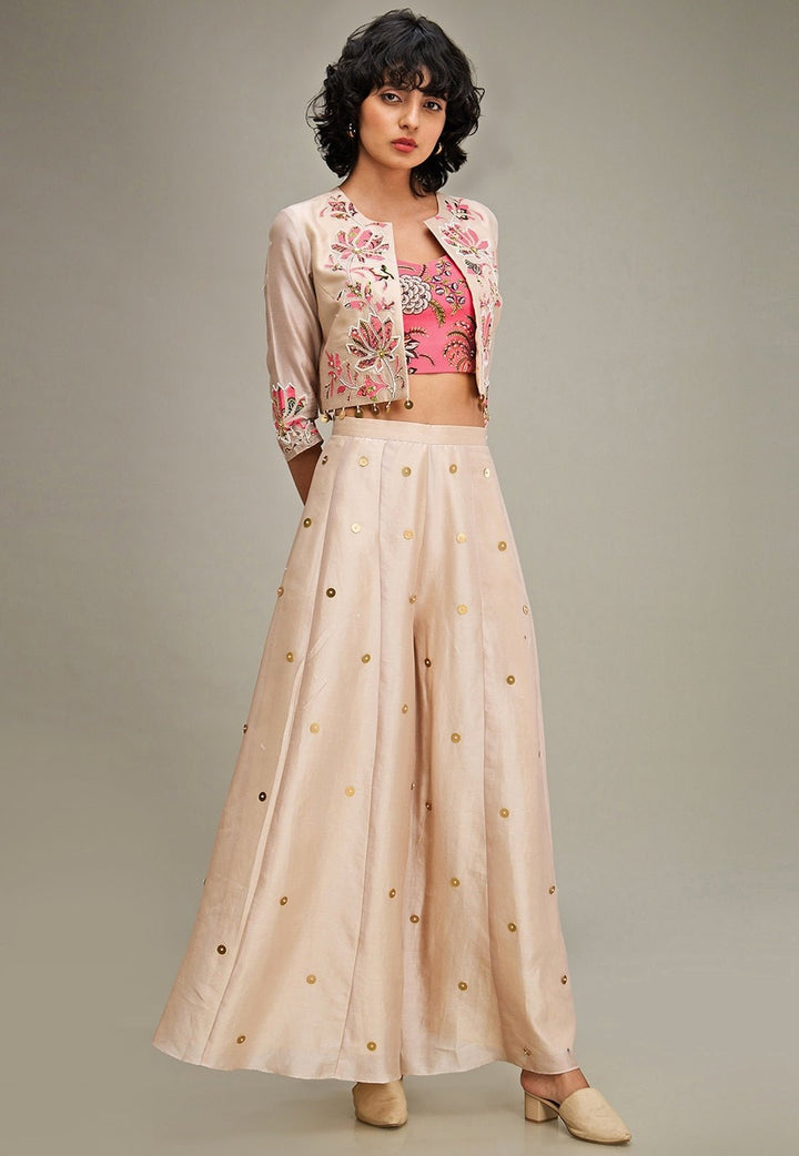 Beige Floral Applique And Embroidered Chanderi Palazzo Set With Jacket Soup By Sougat Paul - Fabilicious Fashion