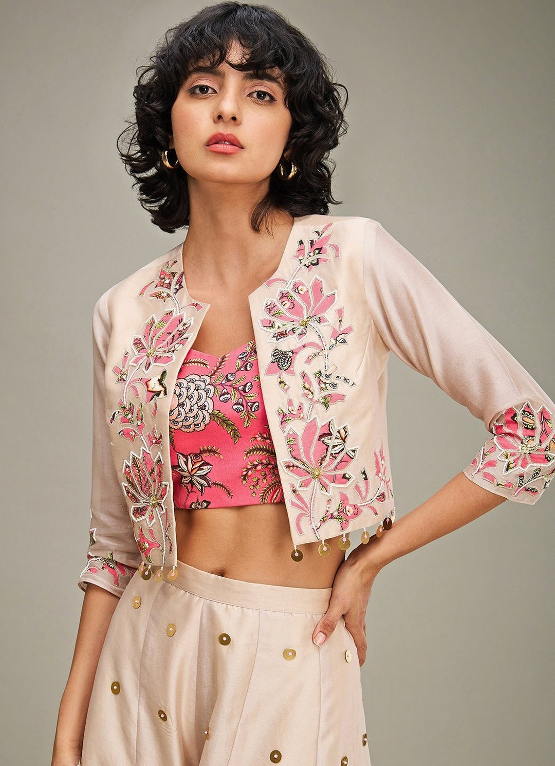 Beige Floral Applique And Embroidered Chanderi Palazzo Set With Jacket Soup By Sougat Paul - Fabilicious Fashion
