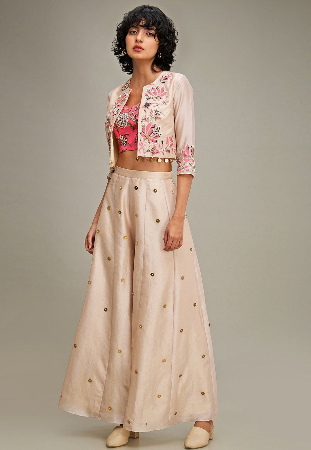 Beige Floral Applique And Embroidered Chanderi Palazzo Set With Jacket Soup By Sougat Paul - Fabilicious Fashion