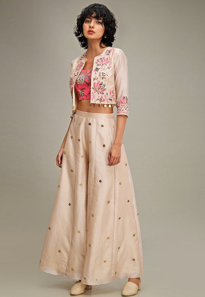 Beige Floral Applique And Embroidered Chanderi Palazzo Set With Jacket Soup By Sougat Paul - Fabilicious Fashion