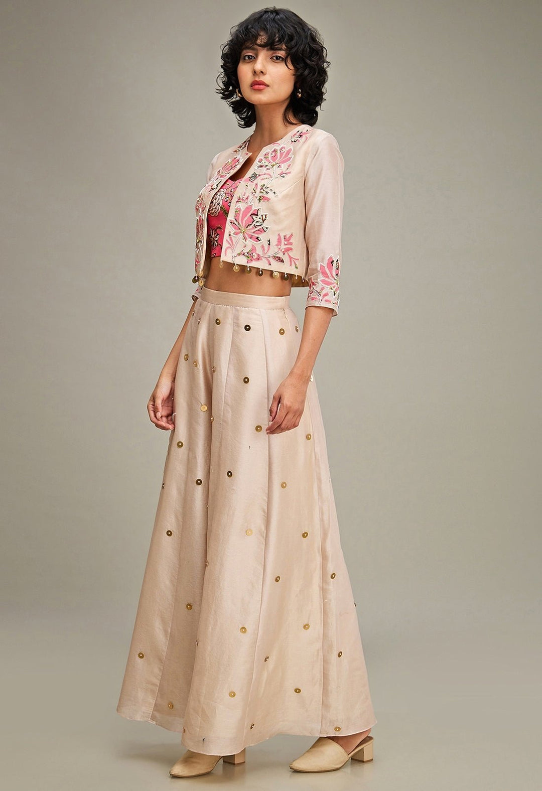 Beige Floral Applique And Embroidered Chanderi Palazzo Set With Jacket Soup By Sougat Paul - Fabilicious Fashion