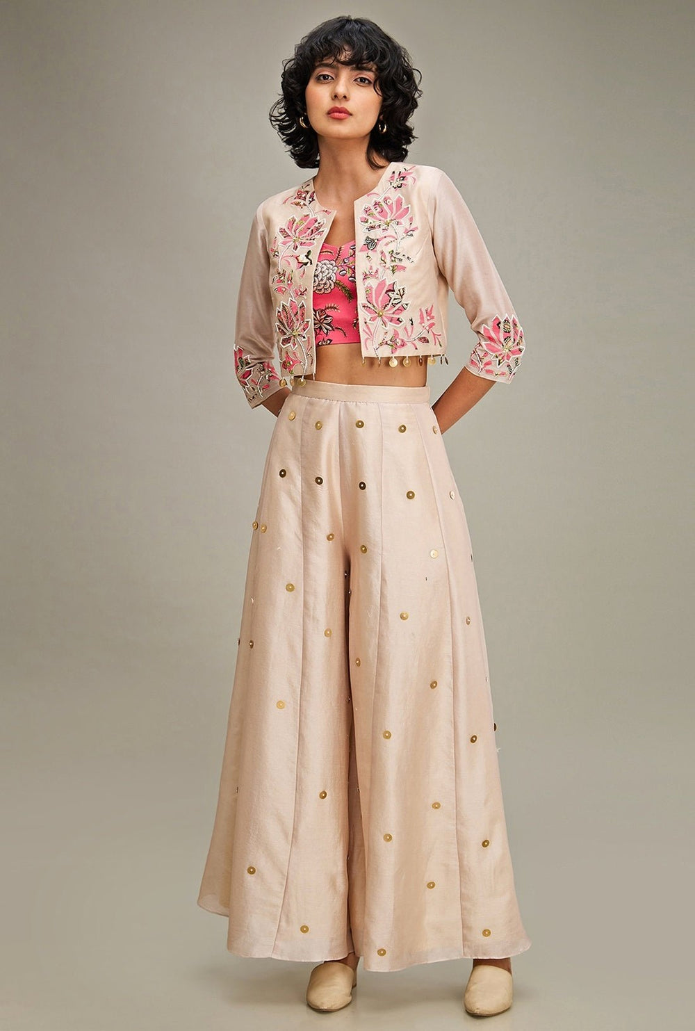 Beige Floral Applique And Embroidered Chanderi Palazzo Set With Jacket Soup By Sougat Paul - Fabilicious Fashion