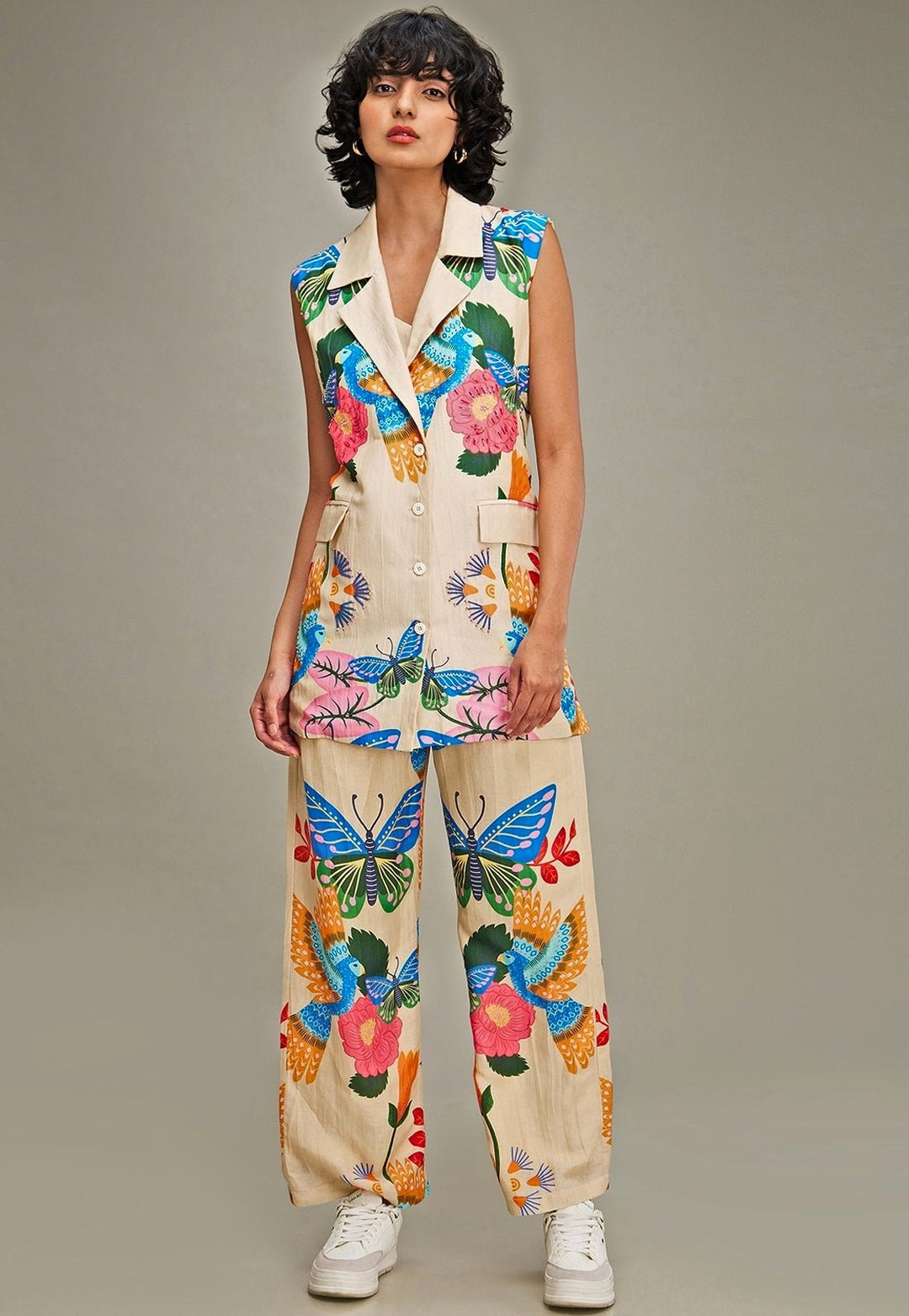 Beige Floral Applique And Embroidered Linen Co Ord Set Soup By Sougat Paul - Fabilicious Fashion
