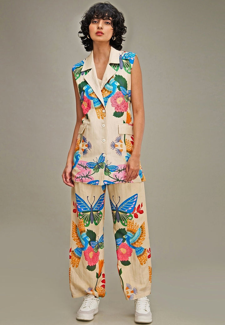 Beige Floral Applique And Embroidered Linen Co Ord Set Soup By Sougat Paul - Fabilicious Fashion