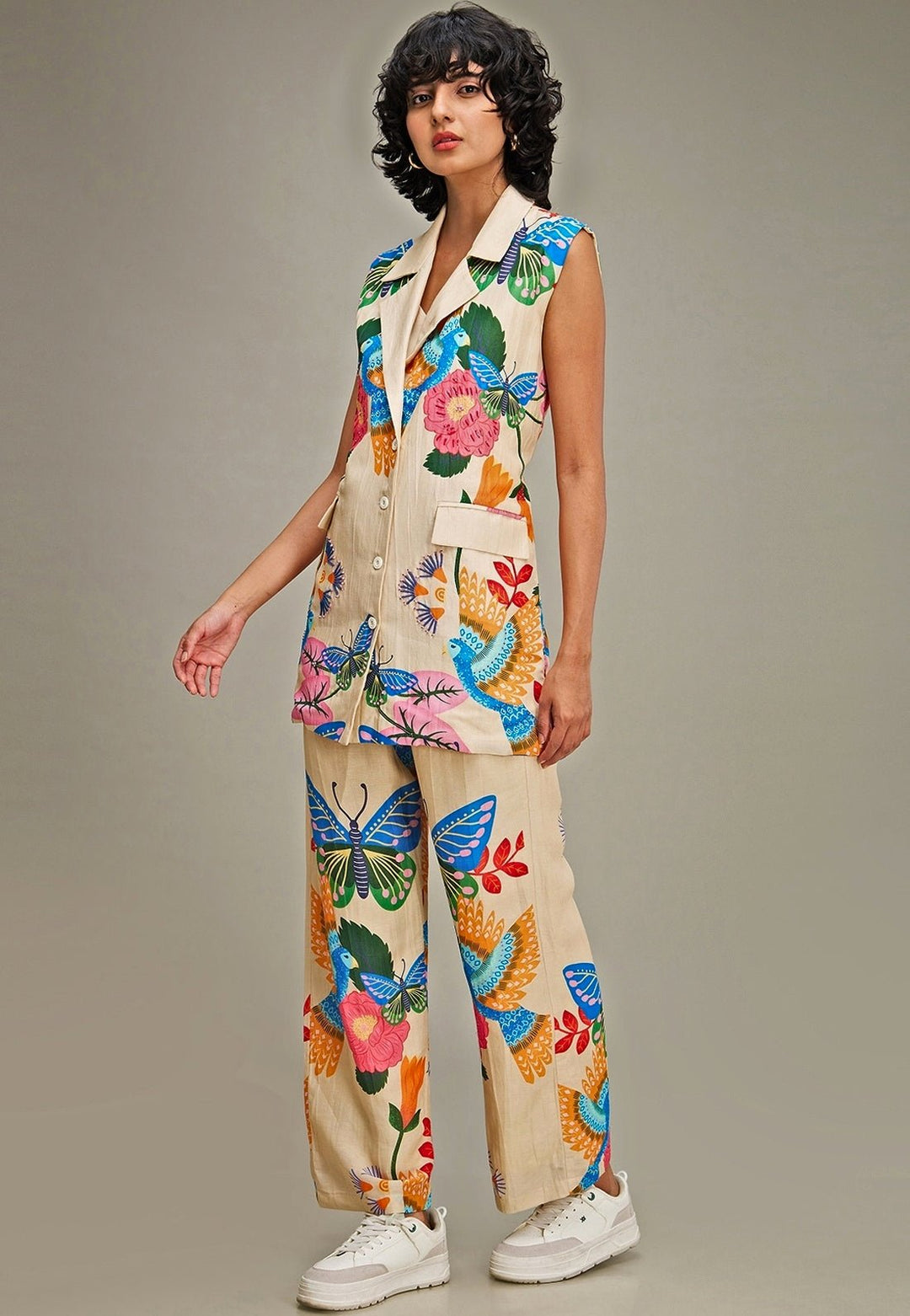 Beige Floral Applique And Embroidered Linen Co Ord Set Soup By Sougat Paul - Fabilicious Fashion