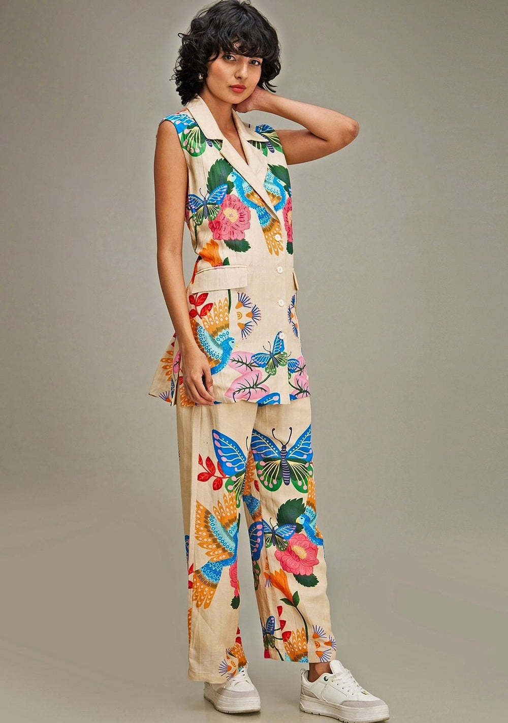 Beige Floral Applique And Embroidered Linen Co Ord Set Soup By Sougat Paul - Fabilicious Fashion