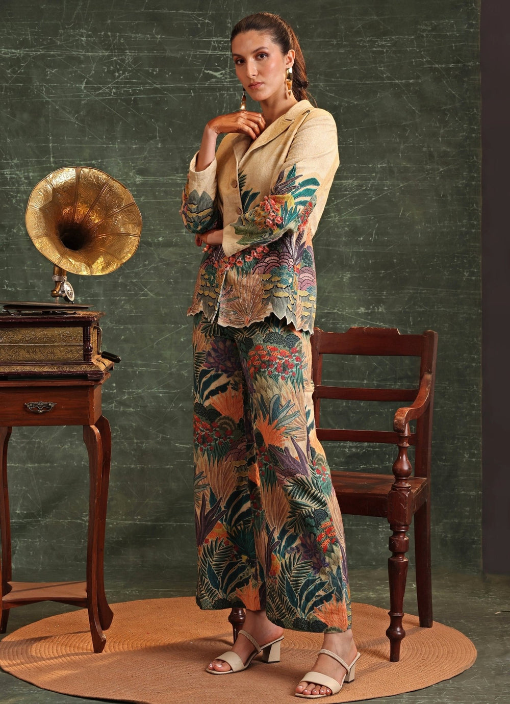Beige Floral Printed And Embroidered Blazer Pant Set Soup By Sougat Paul - Fabilicious Fashion