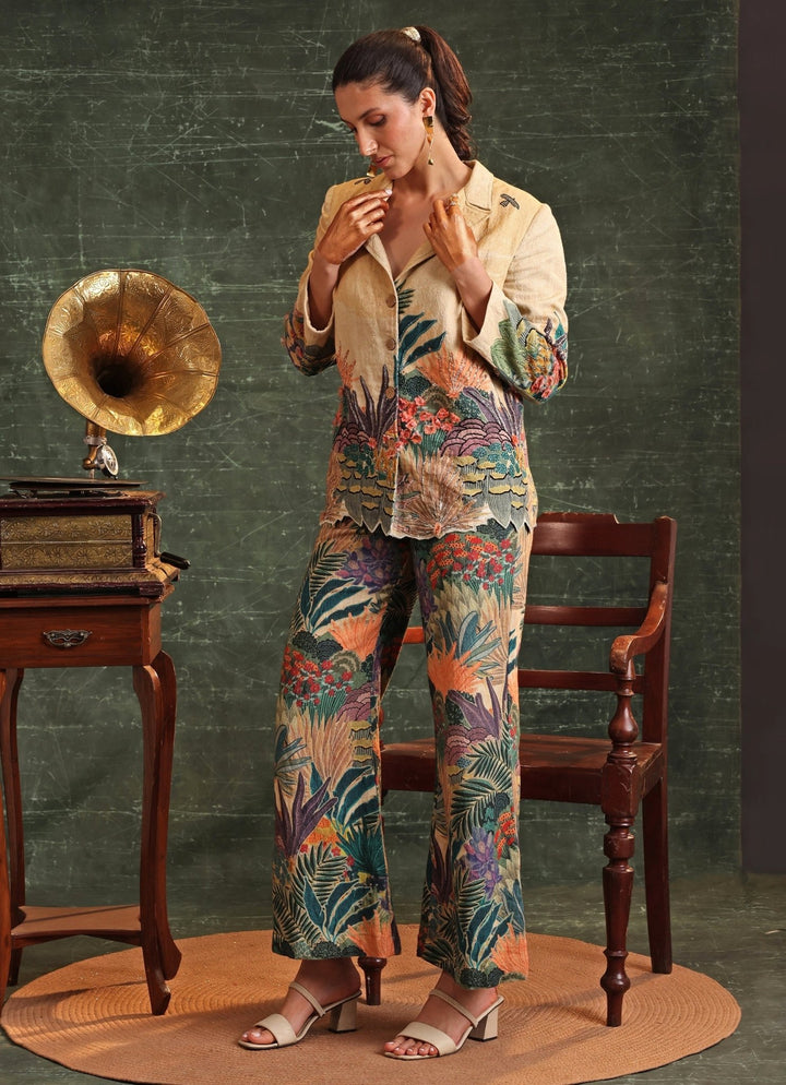 Beige Floral Printed And Embroidered Blazer Pant Set Soup By Sougat Paul - Fabilicious Fashion