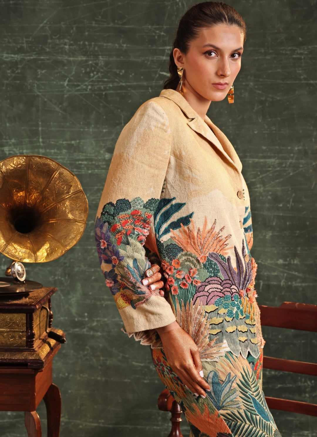 Beige Floral Printed And Embroidered Blazer Pant Set Soup By Sougat Paul - Fabilicious Fashion
