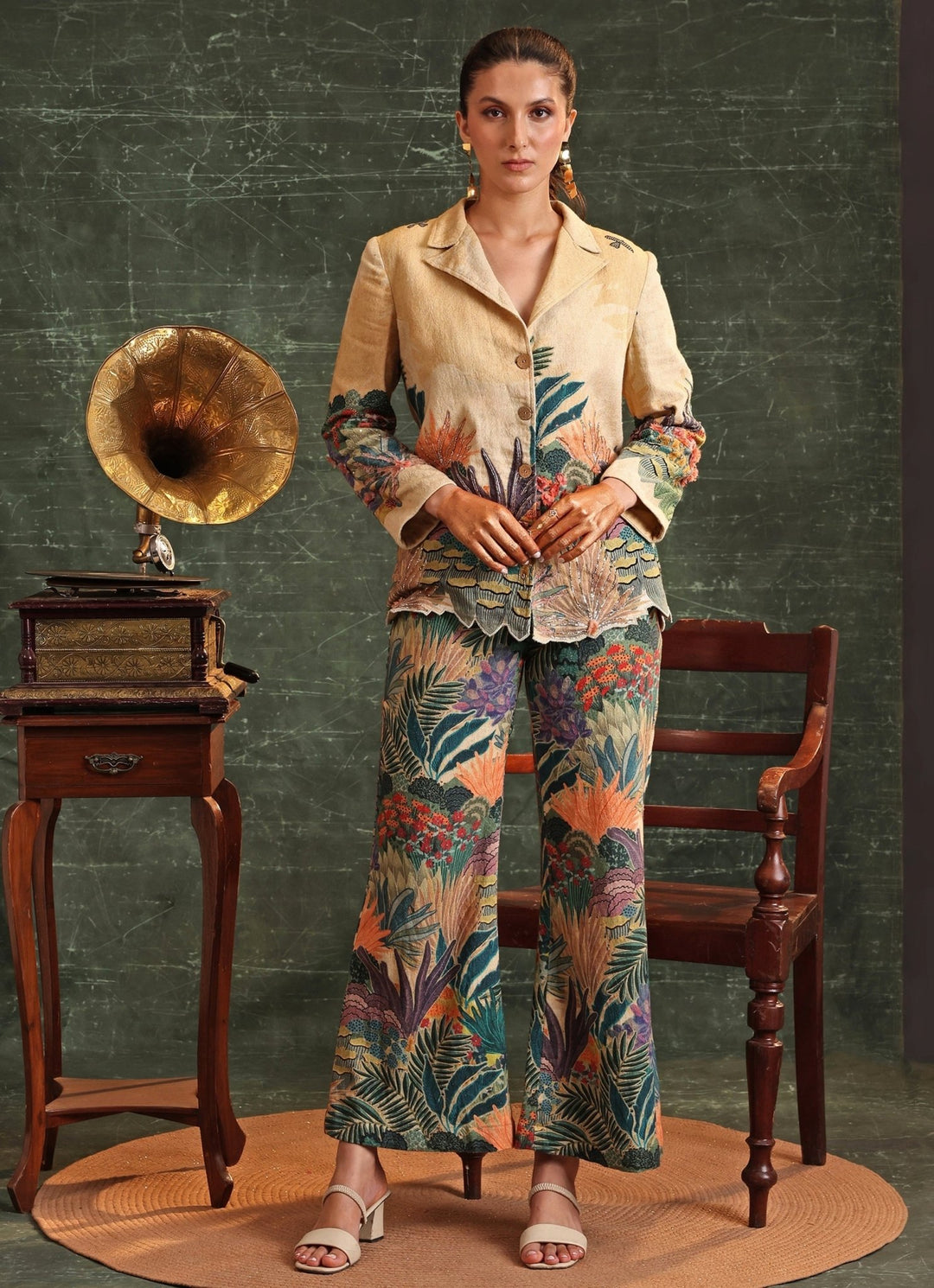 Beige Floral Printed And Embroidered Blazer Pant Set Soup By Sougat Paul - Fabilicious Fashion