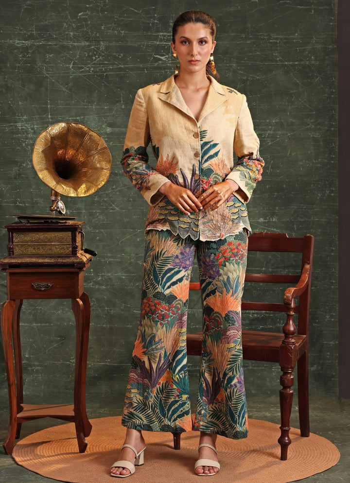 Beige Floral Printed And Embroidered Blazer Pant Set Soup By Sougat Paul - Fabilicious Fashion