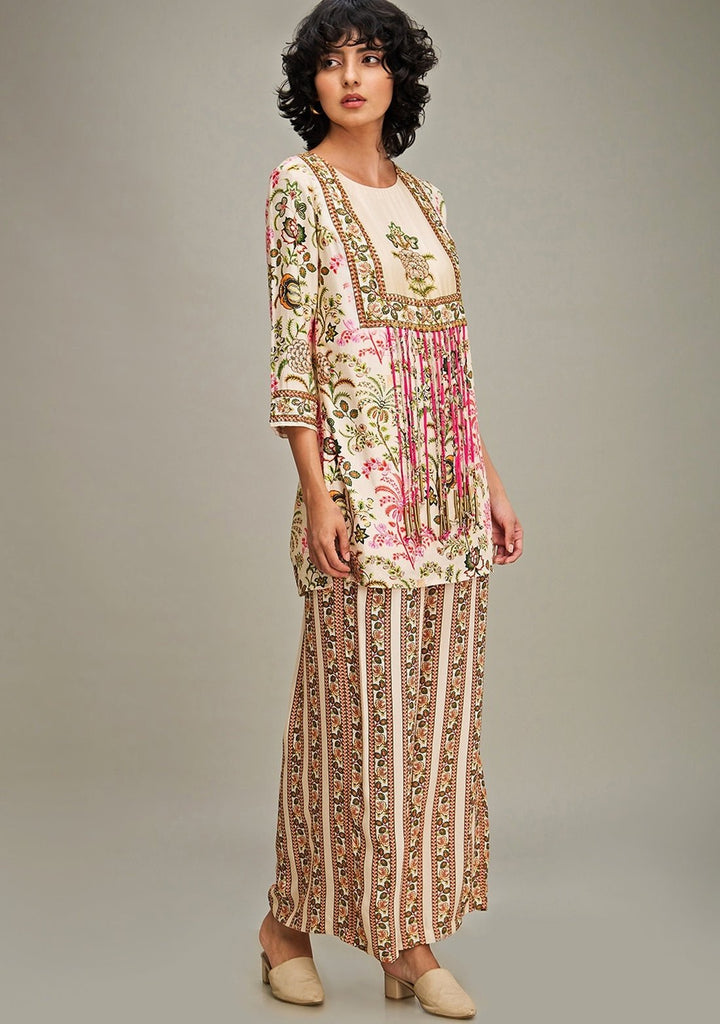 Beige Floral Printed Chanderi Kurta And Palazzo Set Soup By Sougat Paul - Fabilicious Fashion