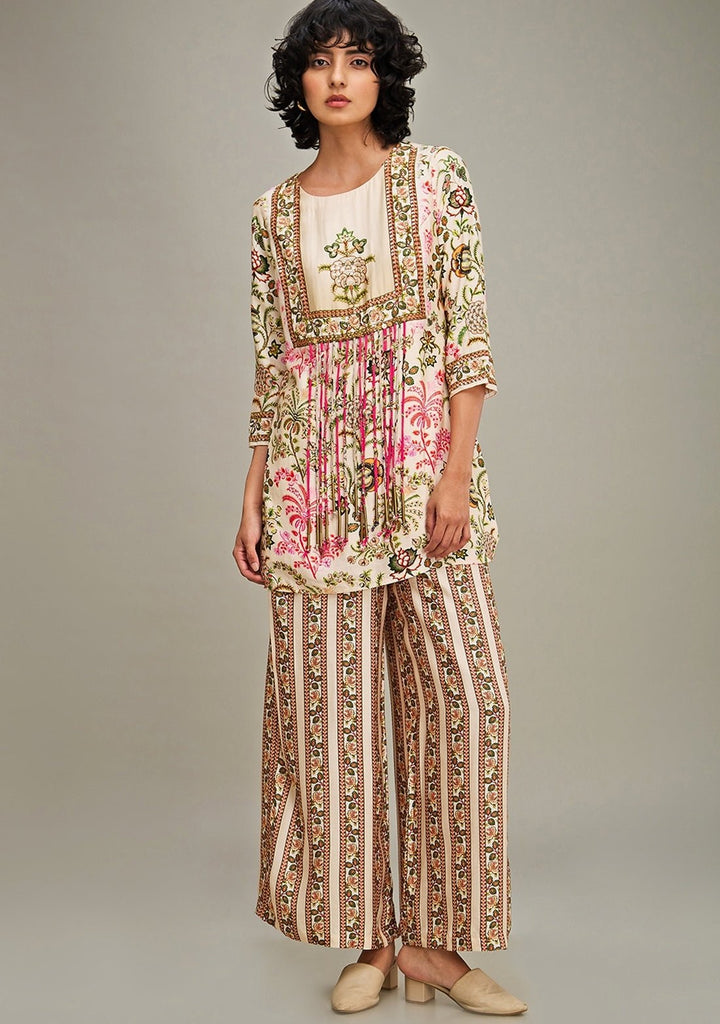 Beige Floral Printed Chanderi Kurta And Palazzo Set Soup By Sougat Paul - Fabilicious Fashion