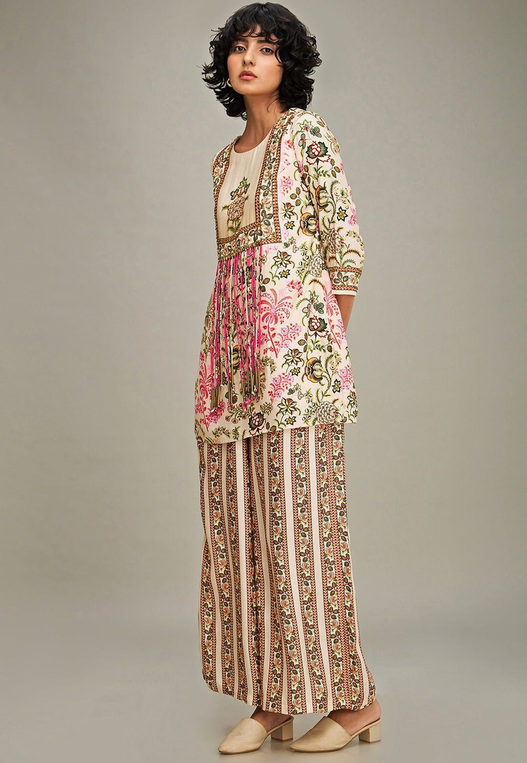 Beige Floral Printed Chanderi Kurta And Palazzo Set Soup By Sougat Paul - Fabilicious Fashion