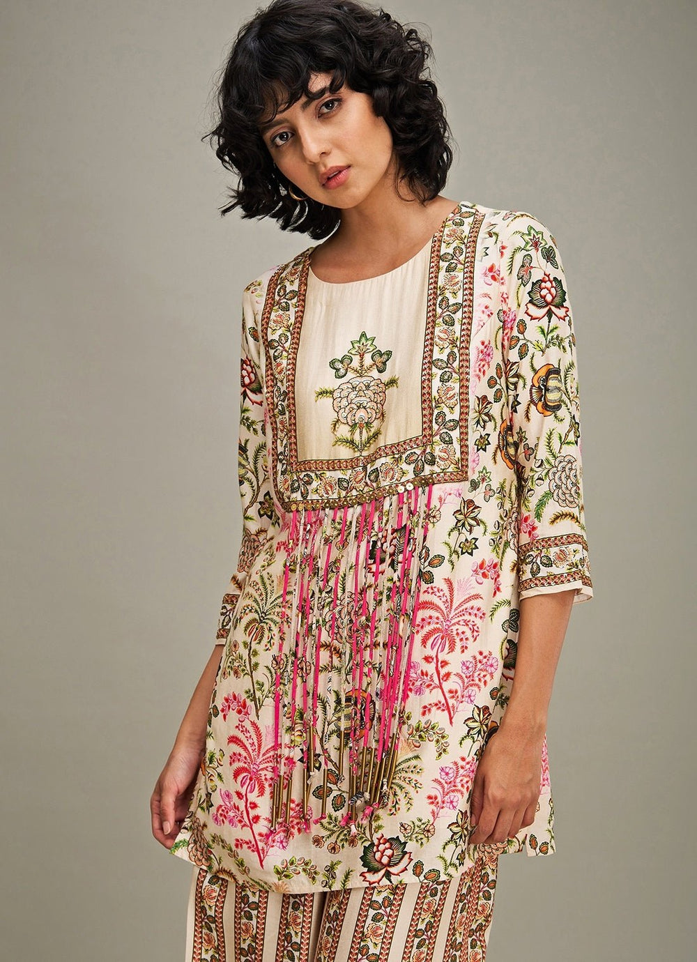 Beige Floral Printed Chanderi Kurta And Palazzo Set Soup By Sougat Paul - Fabilicious Fashion