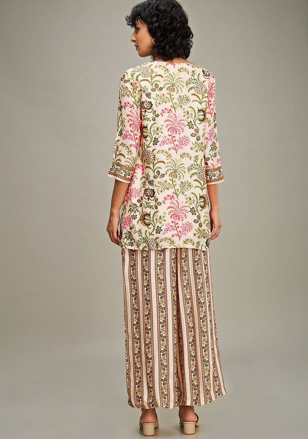 Beige Floral Printed Chanderi Kurta And Palazzo Set Soup By Sougat Paul - Fabilicious Fashion