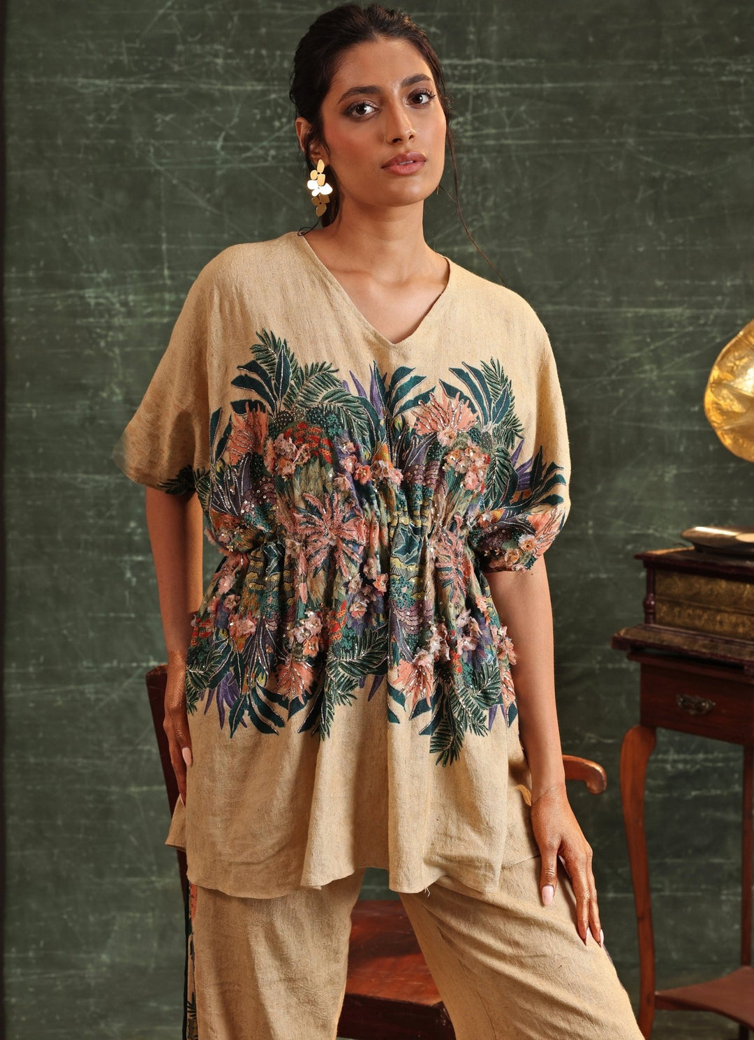 Beige Floral Printed Cotton Kaftan With Pant Soup By Sougat Paul - Fabilicious Fashion
