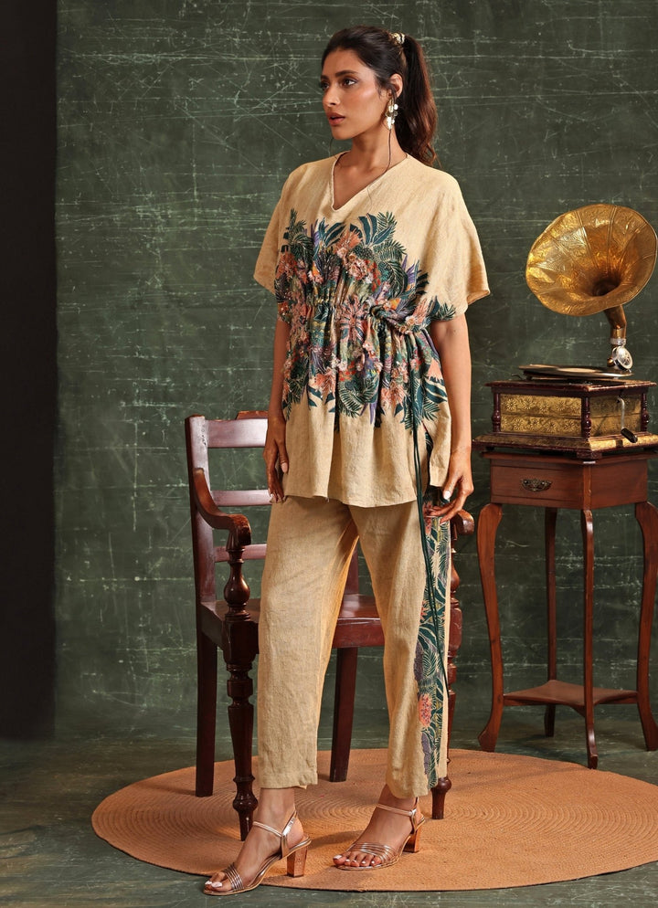 Beige Floral Printed Cotton Kaftan With Pant Soup By Sougat Paul - Fabilicious Fashion