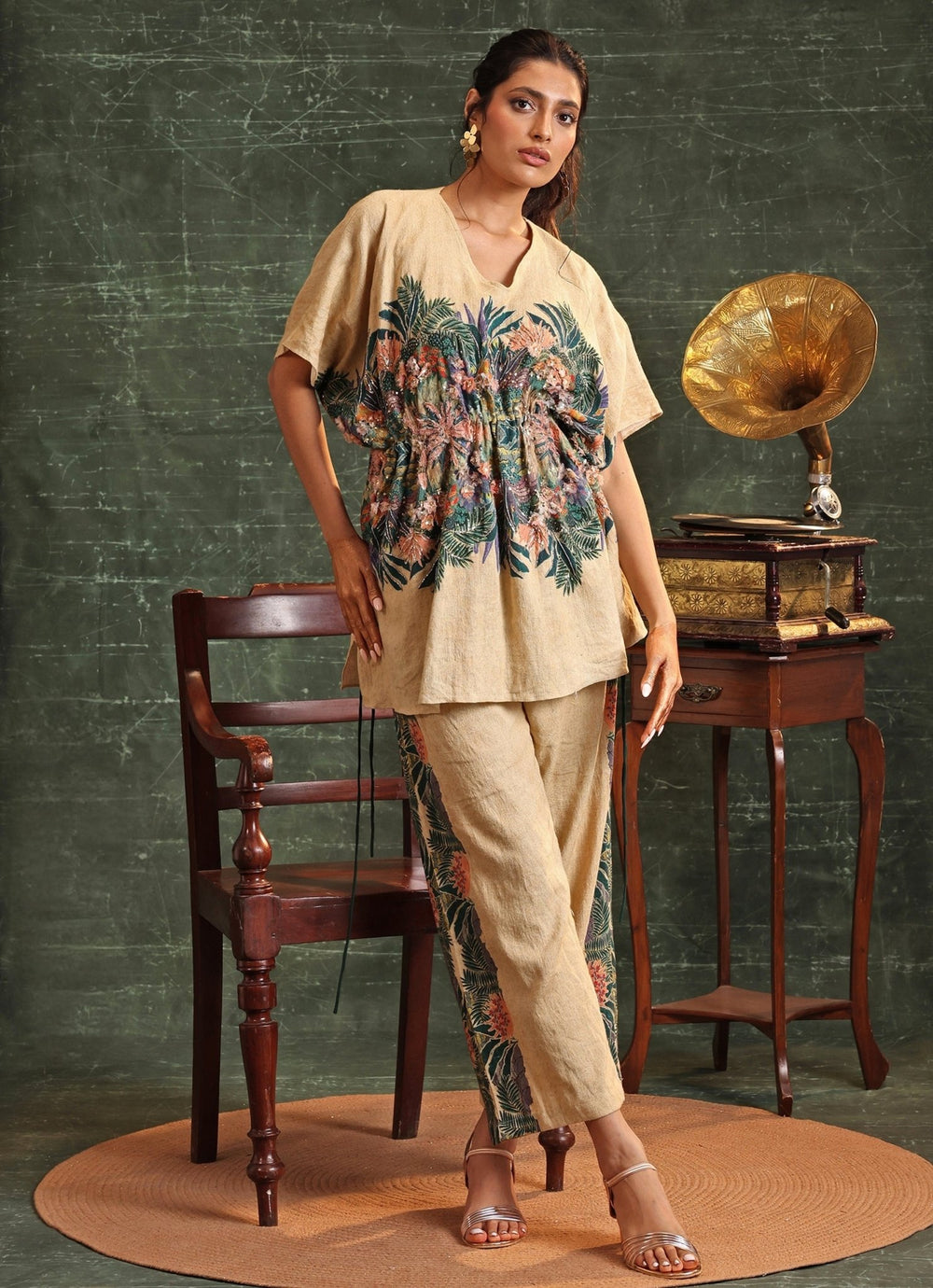 Beige Floral Printed Cotton Kaftan With Pant Soup By Sougat Paul - Fabilicious Fashion