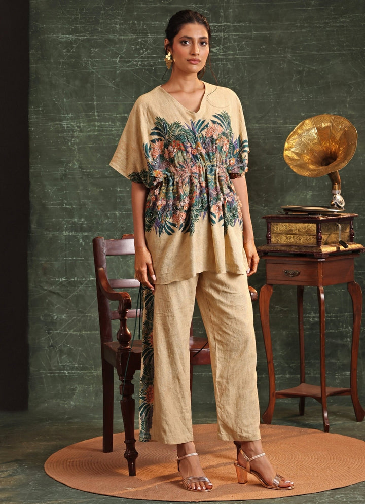 Beige Floral Printed Cotton Kaftan With Pant Soup By Sougat Paul - Fabilicious Fashion