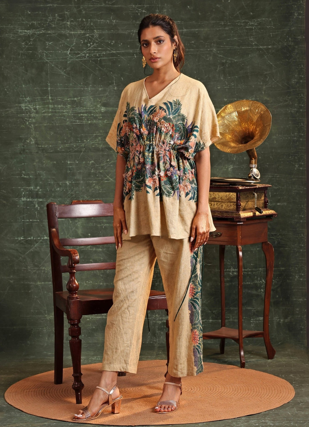 Beige Floral Printed Cotton Kaftan With Pant Soup By Sougat Paul - Fabilicious Fashion