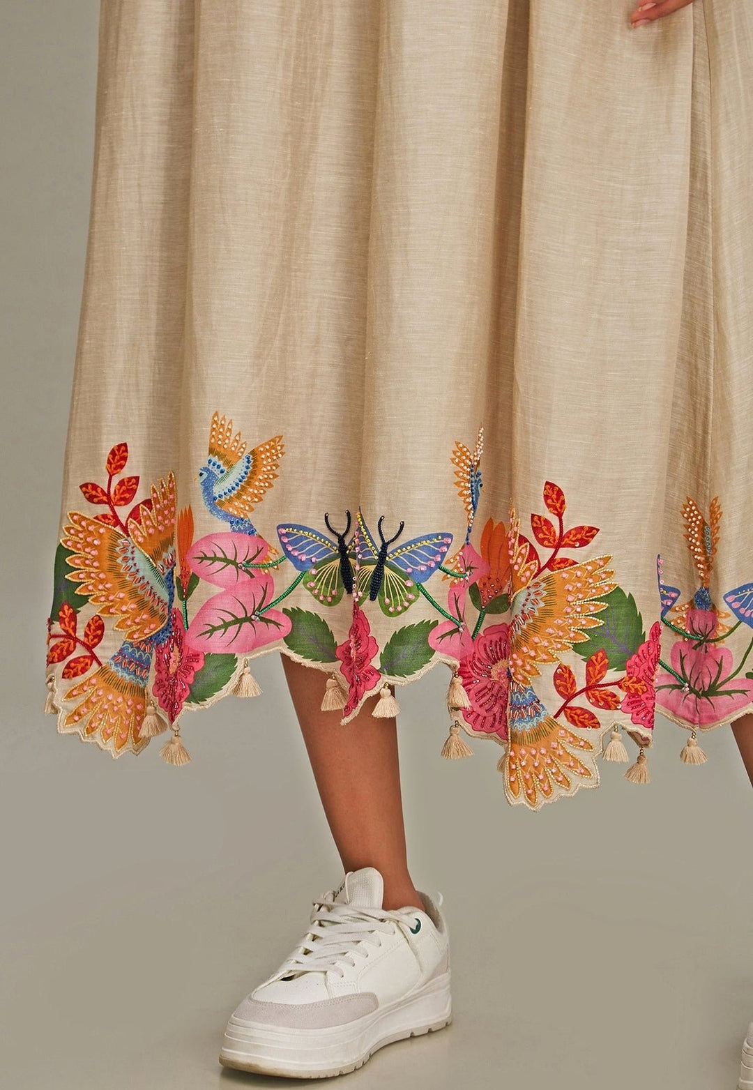 Beige Floral Printed Embroidered Linen Dress Soup By Sougat Paul - Fabilicious Fashion