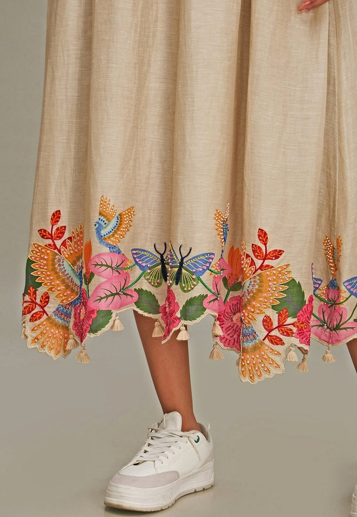 Beige Floral Printed Embroidered Linen Dress Soup By Sougat Paul - Fabilicious Fashion