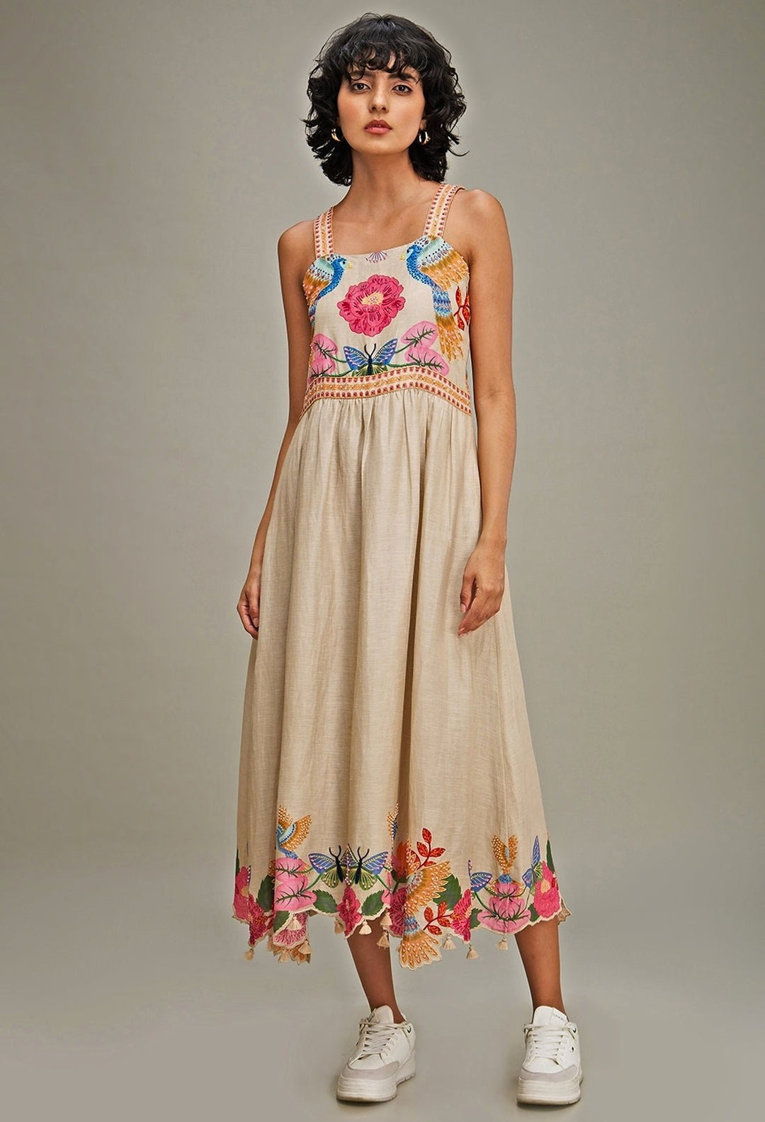 Beige Floral Printed Embroidered Linen Dress Soup By Sougat Paul - Fabilicious Fashion