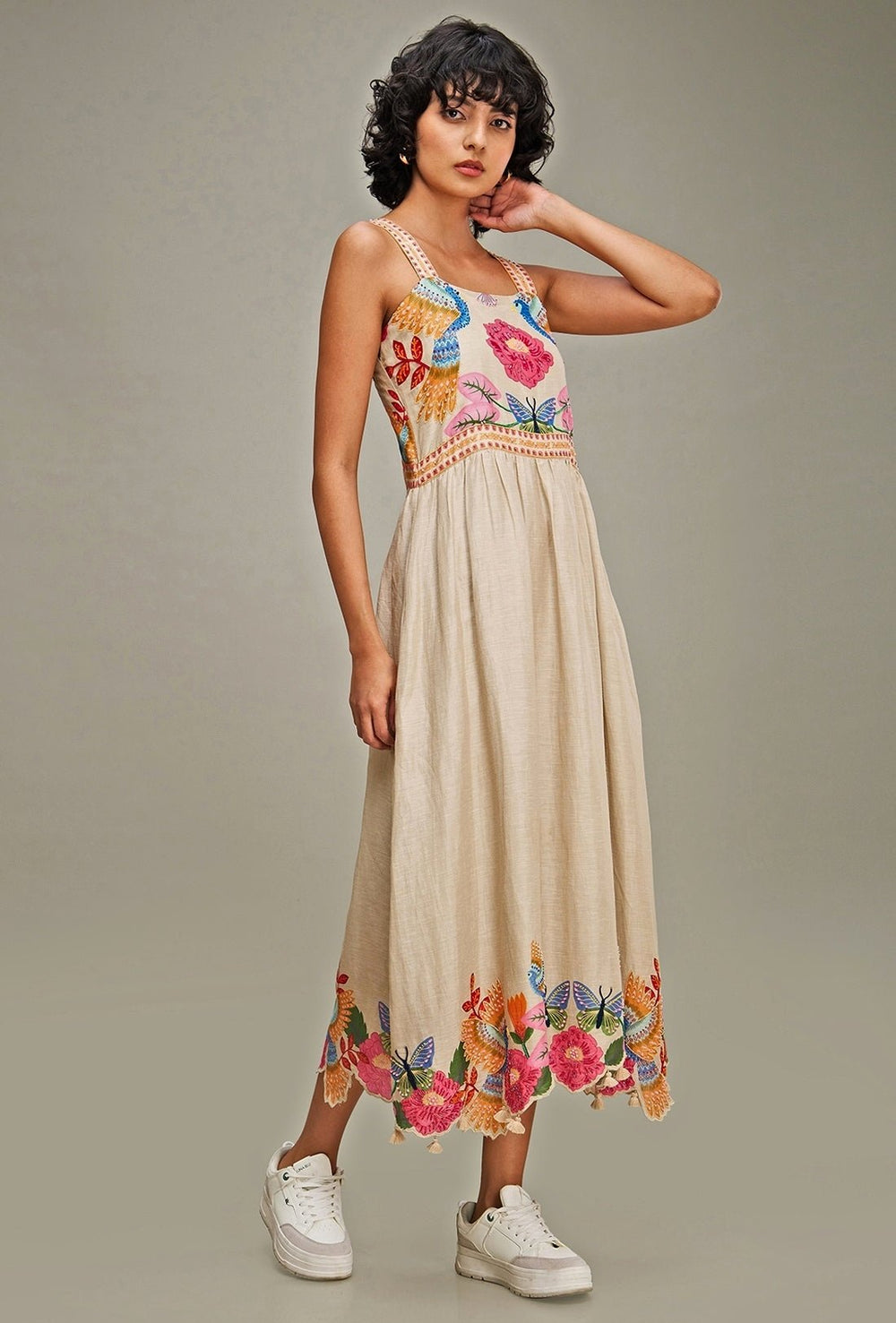Beige Floral Printed Embroidered Linen Dress Soup By Sougat Paul - Fabilicious Fashion