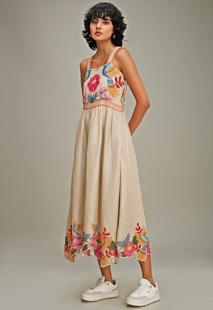 Beige Floral Printed Embroidered Linen Dress Soup By Sougat Paul - Fabilicious Fashion