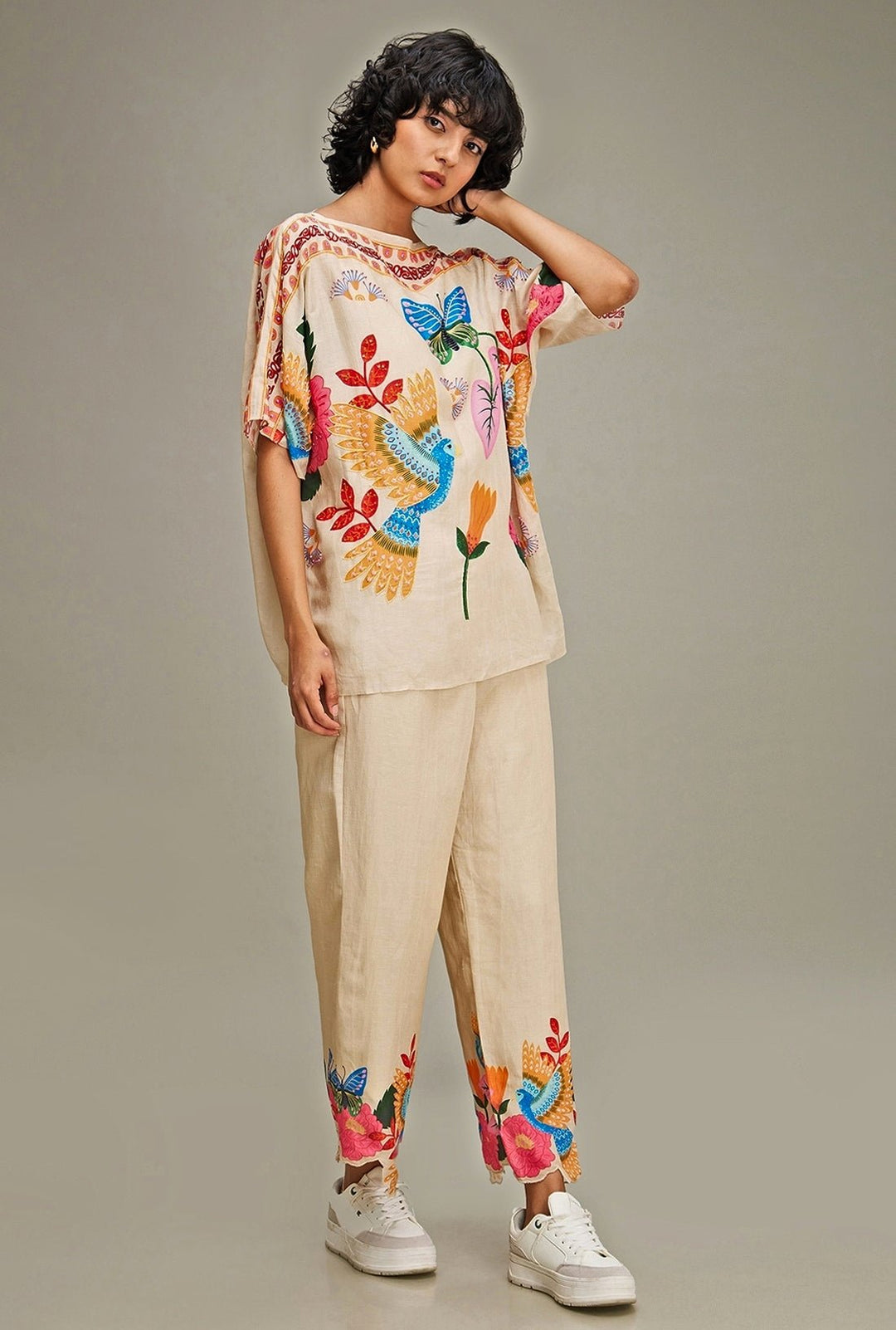 Beige Floral Printed Linen Kimono Top And Pant Set Soup By Sougat Paul - Fabilicious Fashion