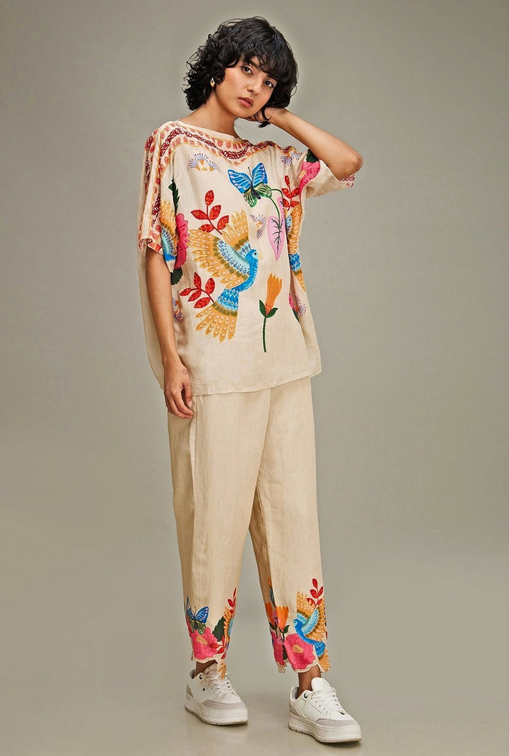 Beige Floral Printed Linen Kimono Top And Pant Set Soup By Sougat Paul - Fabilicious Fashion