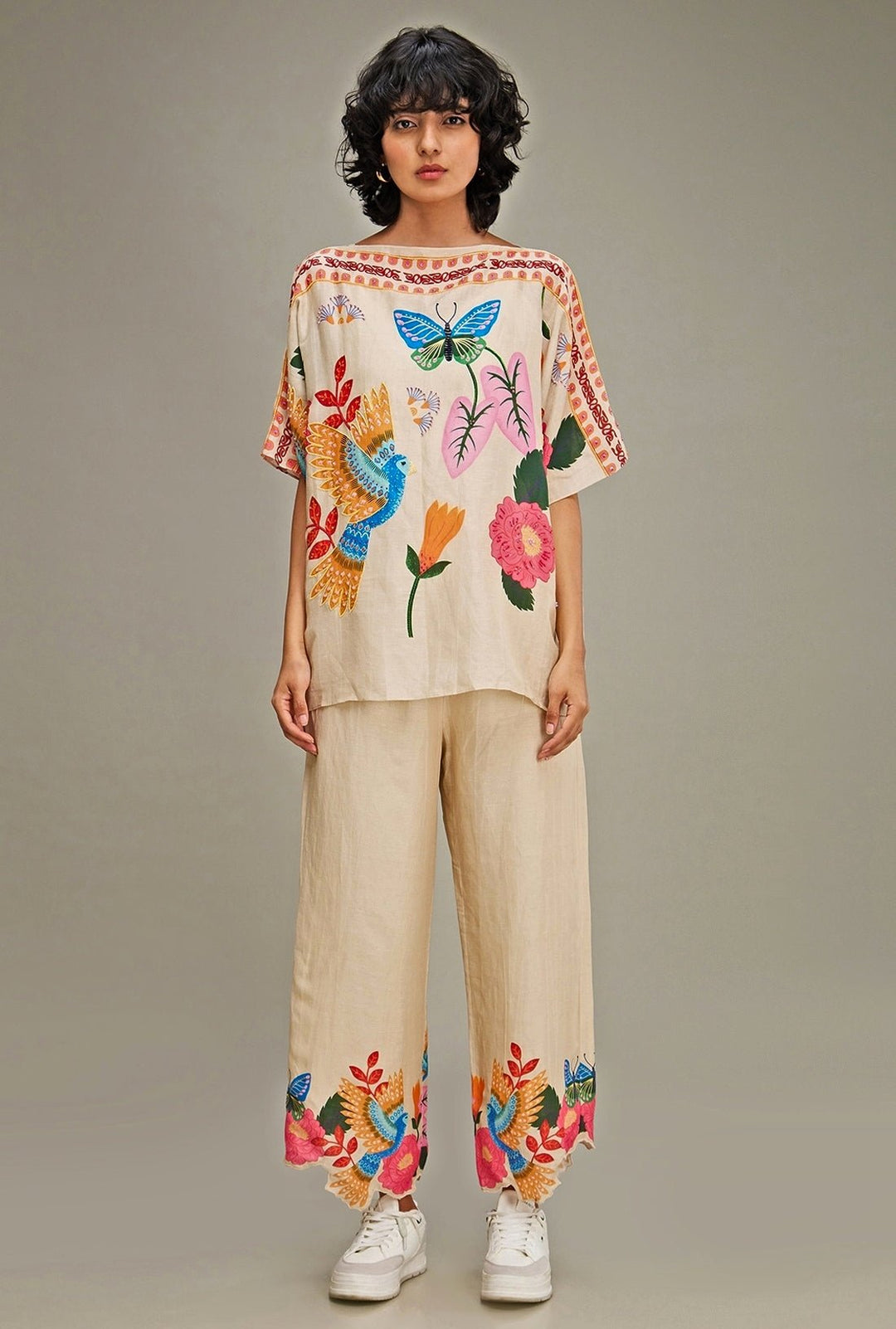 Beige Floral Printed Linen Kimono Top And Pant Set Soup By Sougat Paul - Fabilicious Fashion