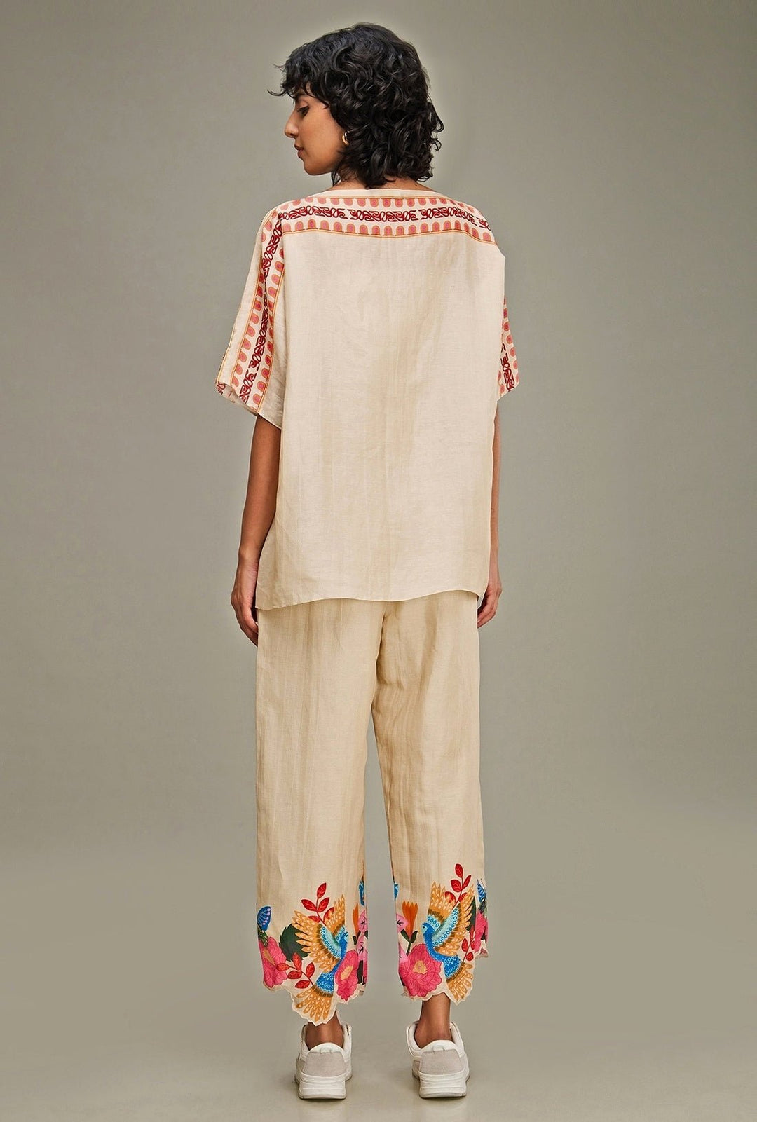 Beige Floral Printed Linen Kimono Top And Pant Set Soup By Sougat Paul - Fabilicious Fashion
