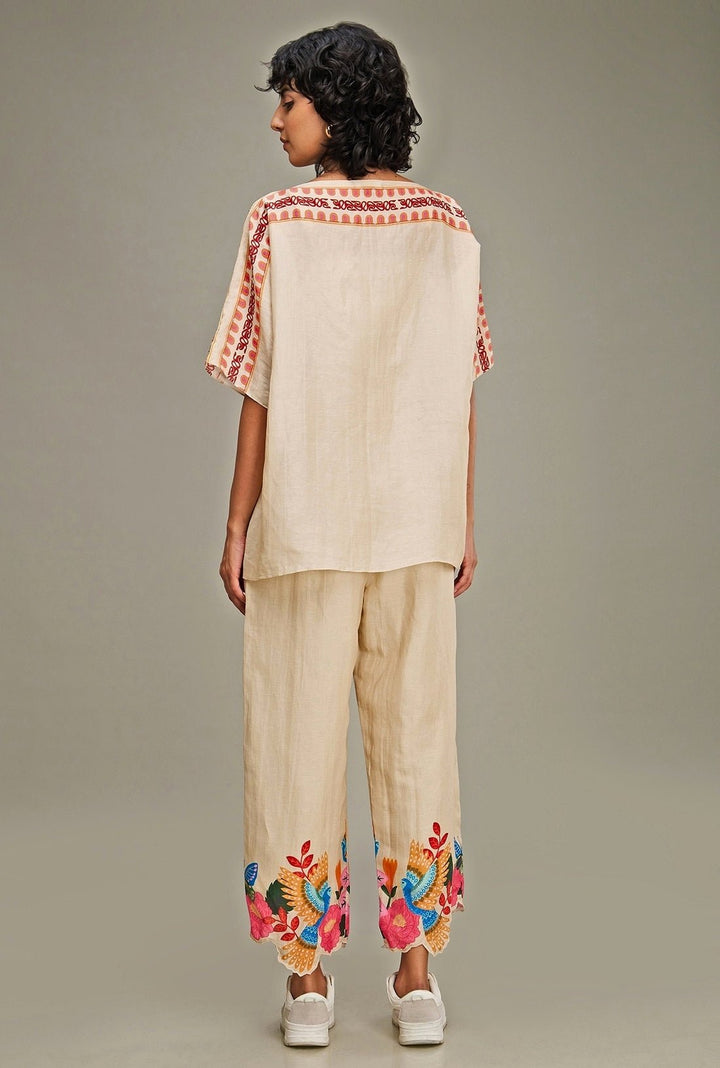 Beige Floral Printed Linen Kimono Top And Pant Set Soup By Sougat Paul - Fabilicious Fashion