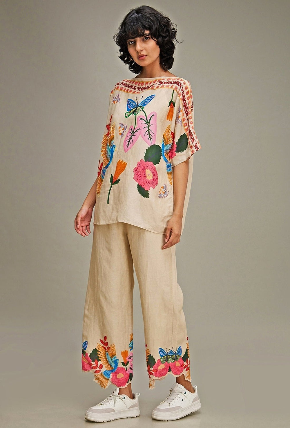 Beige Floral Printed Linen Kimono Top And Pant Set Soup By Sougat Paul - Fabilicious Fashion